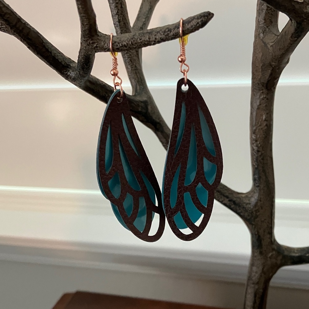 Fairy Wings Teal and Bronze Butterfly Wing Earrings NWOT